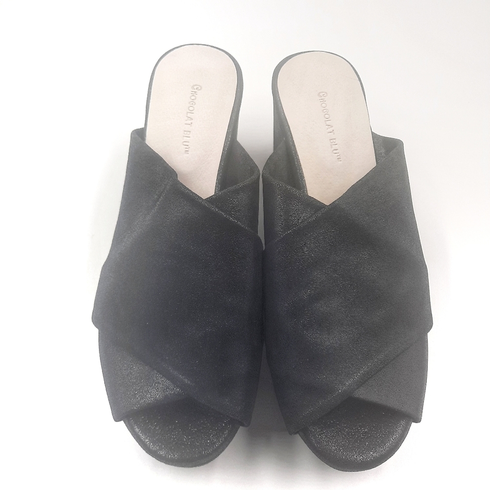 CHOCOLAT BLU CrissCross Platform Sandal Slide Black Shimmer NWOT Unworn 10 - Picture 12 of 14